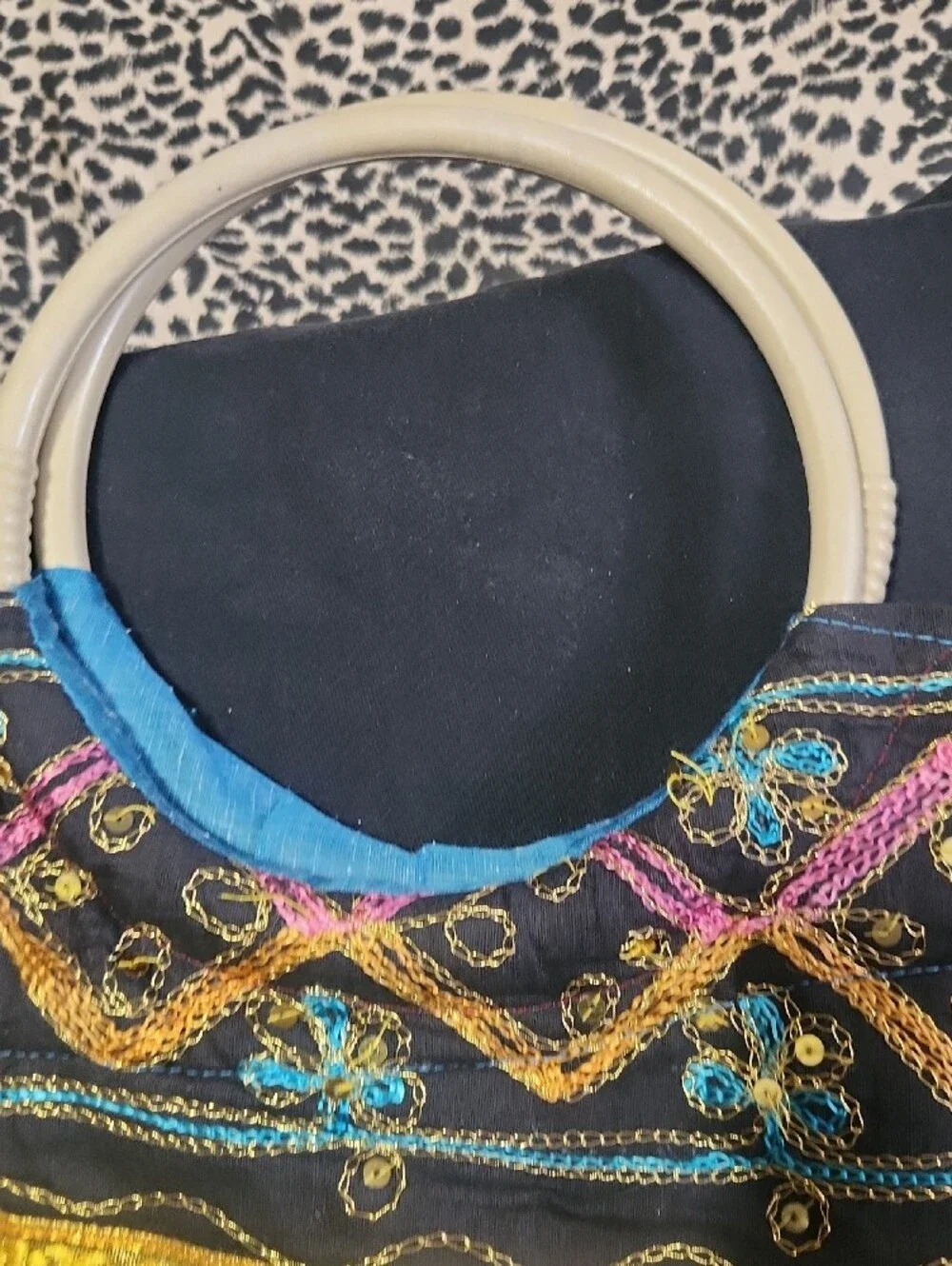 Homemade Black Embroidered Boho Bag with Gold, Pink and Blue Accents